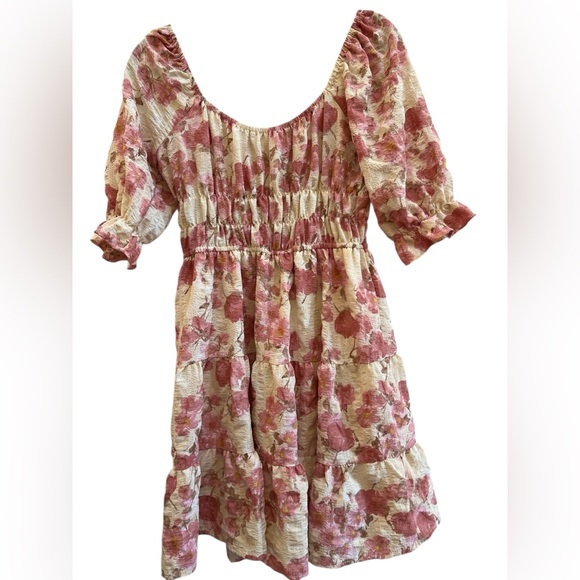 Liberty Love Pink Floral Babydoll Mini Dress Puff Sleeves Cottagecore - Picture 2 of 3